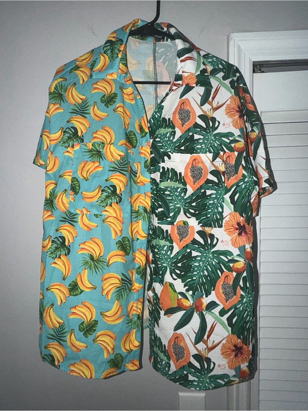 Split Tropical Button-Down Shirt - Blue, White, Yellow, Green, Orange - Medium
